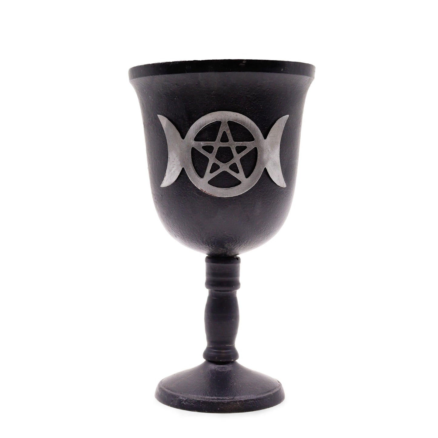 Crafted black iron ritual goblet featuring an embossed Triple Moon symbol and central Pentagram on a decorative stem.