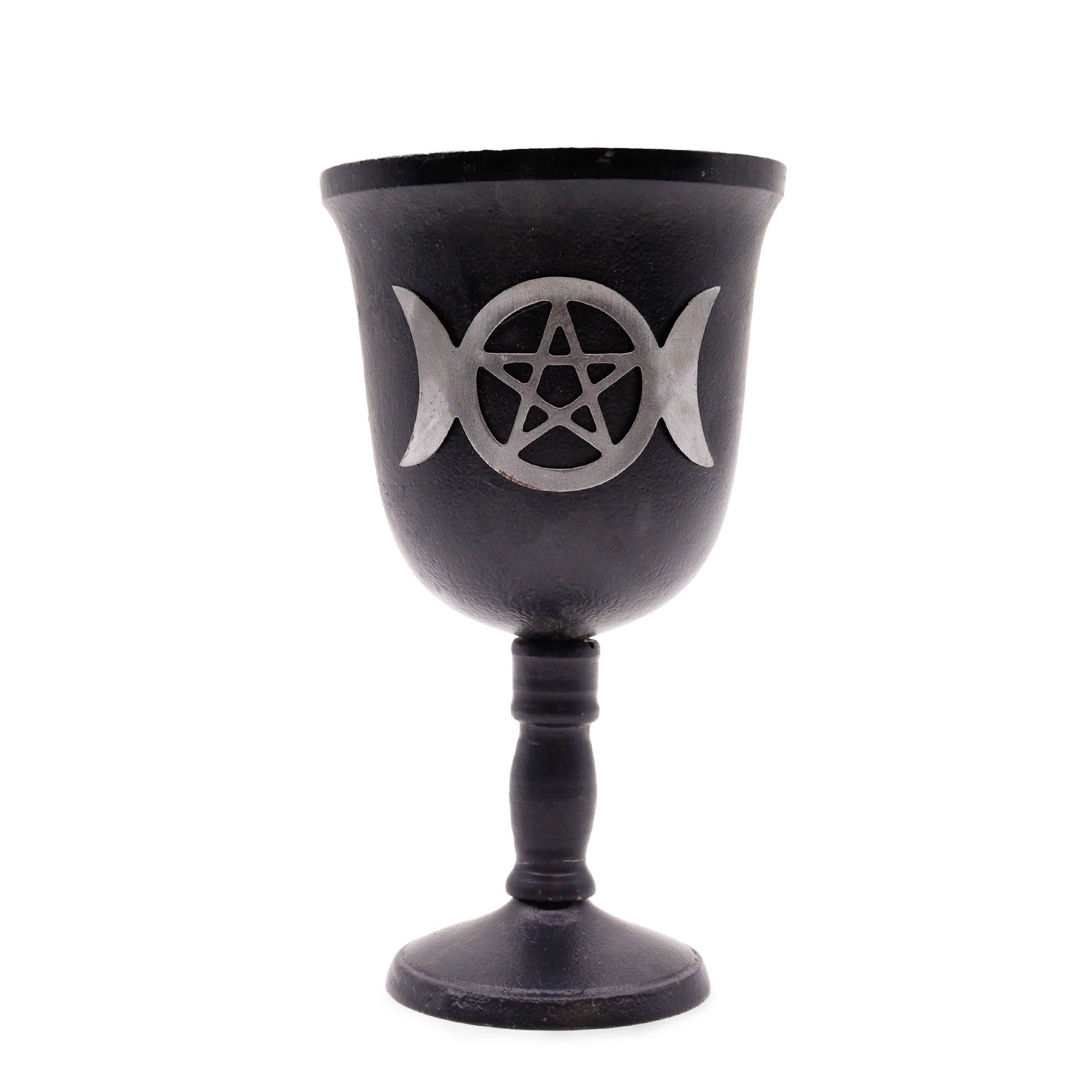 Crafted black iron ritual goblet featuring an embossed Triple Moon symbol and central Pentagram on a decorative stem.