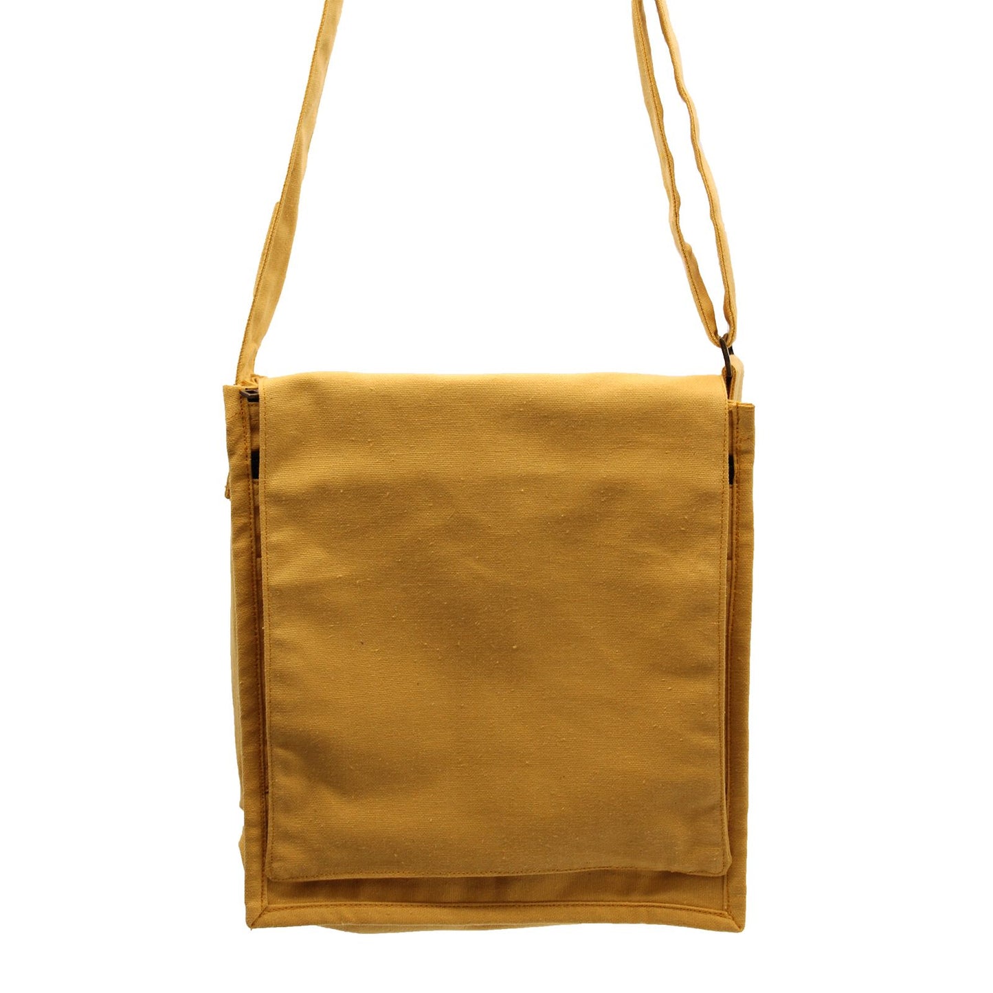 Vibrant yellow cotton canvas messenger bag with a wide shoulder strap and minimalist design.