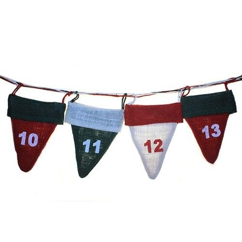 Festive jute advent calendar featuring a row of red and green elf hat pockets on a rustic hanging string.