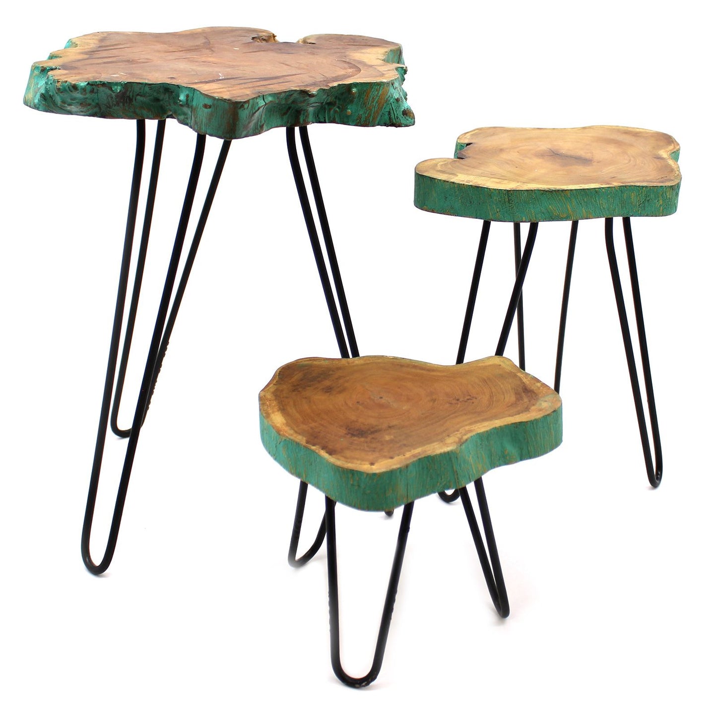 Three tiered wooden plant stands with a light greenwash finish on sleek black metal hairpin legs.