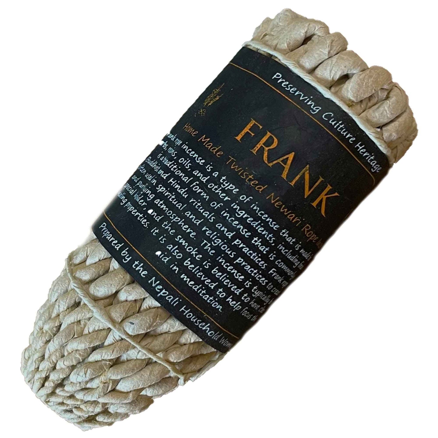 Traditional hand-rolled herbal rope incense infused with frankincense resin on a neutral background.