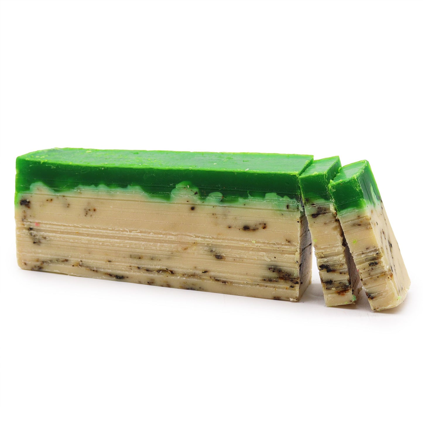 Large green tea and olive oil artisan soap loaf with visible tea leaves for natural exfoliation.