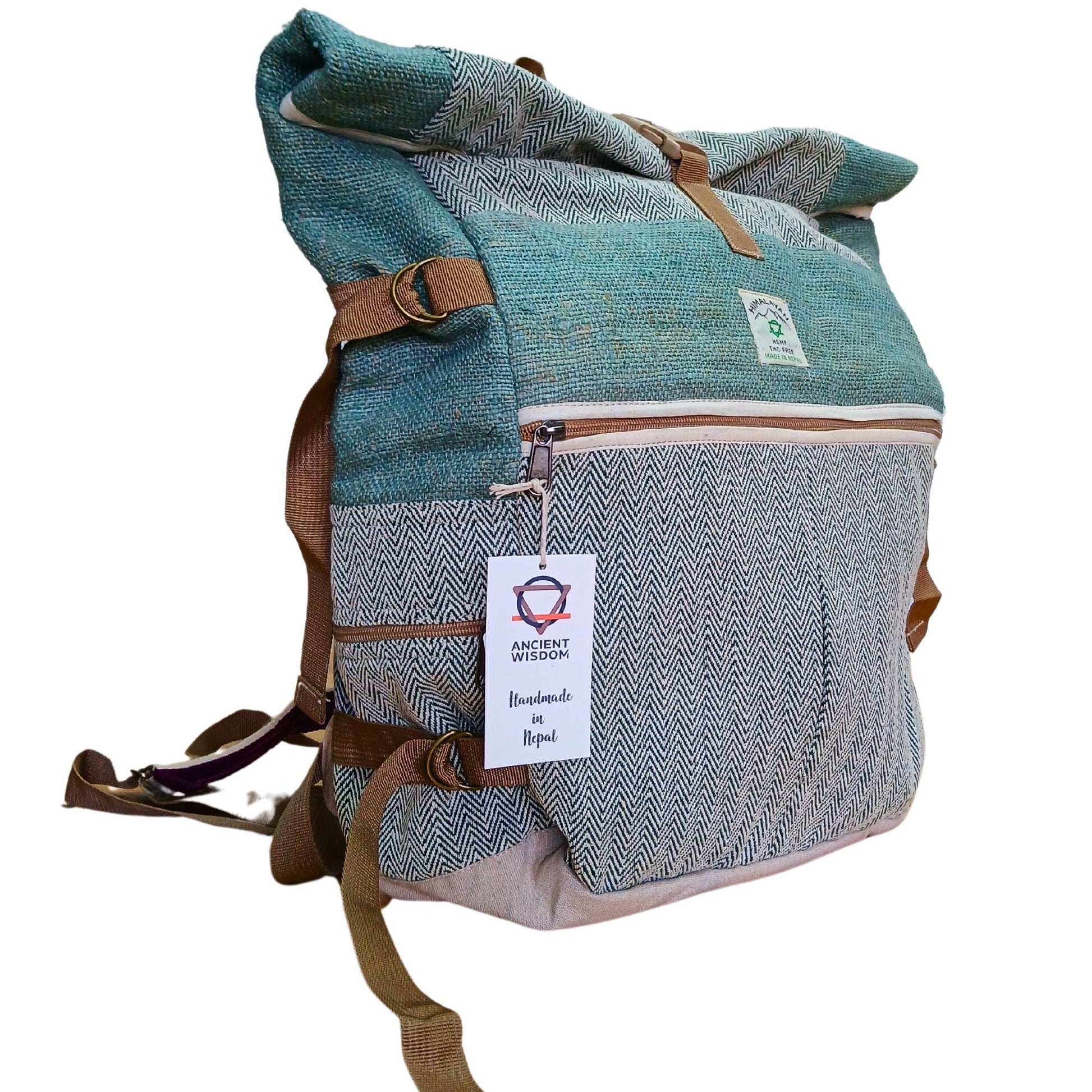 Large sage green hemp trekking backpack with wheels and a retractable handle for easy travel.