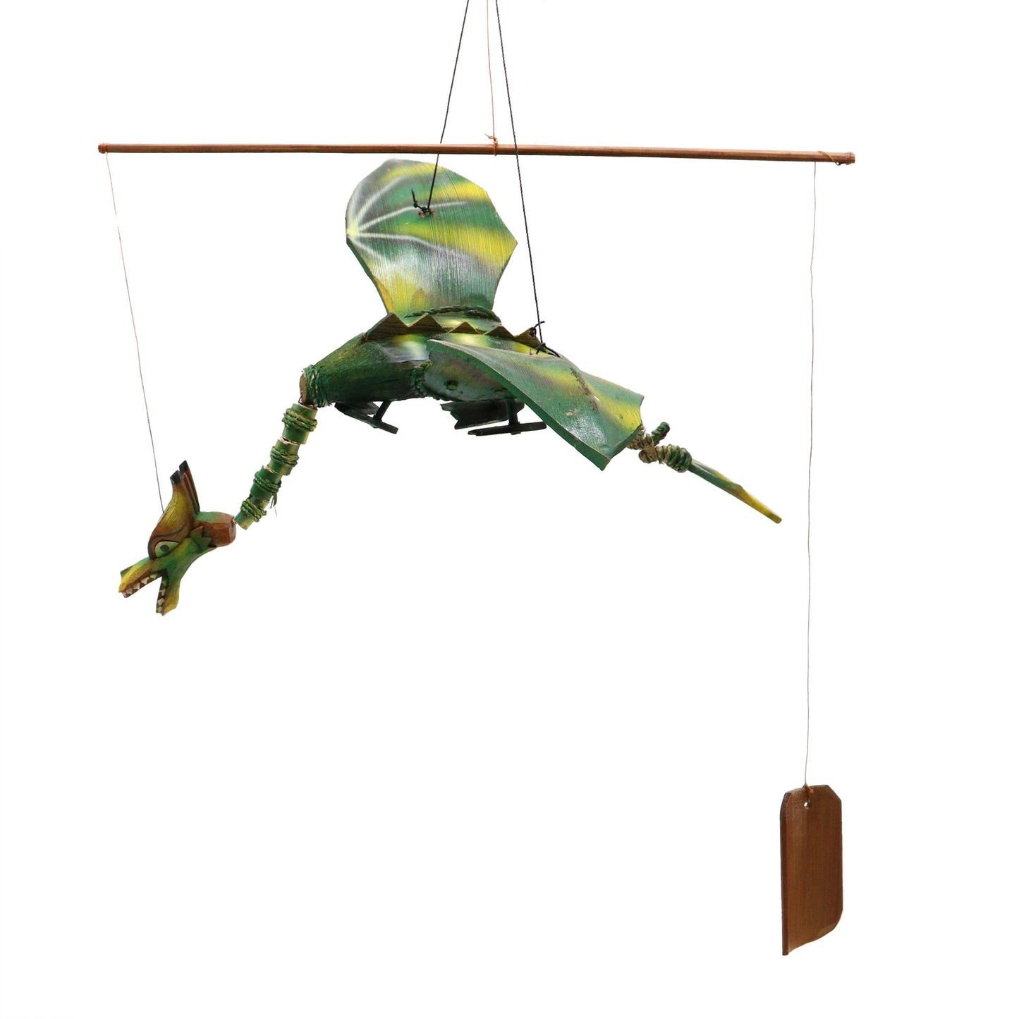 Hand-crafted green dragon mobile made from coconut shells with large wings and hanging hook.