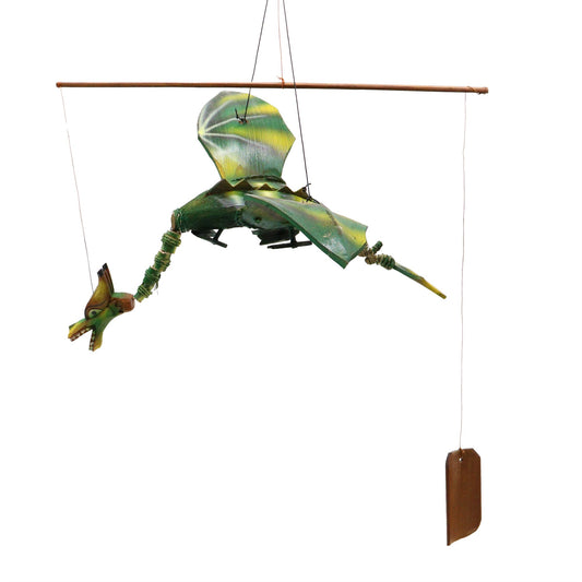Hand-crafted green dragon mobile made from coconut shells with large wings and hanging hook.