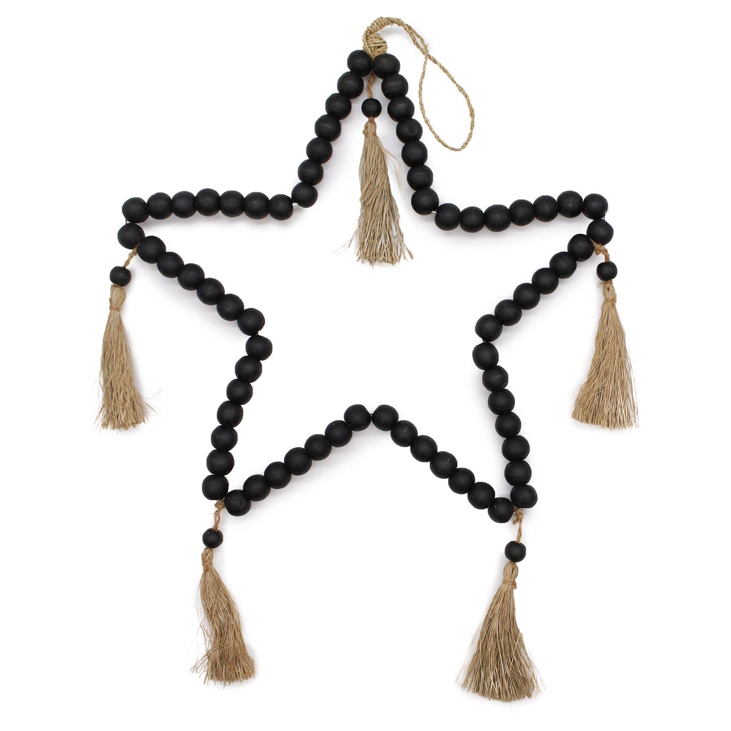 Large decorative wall hanging star made from natural wooden beads on a white background.