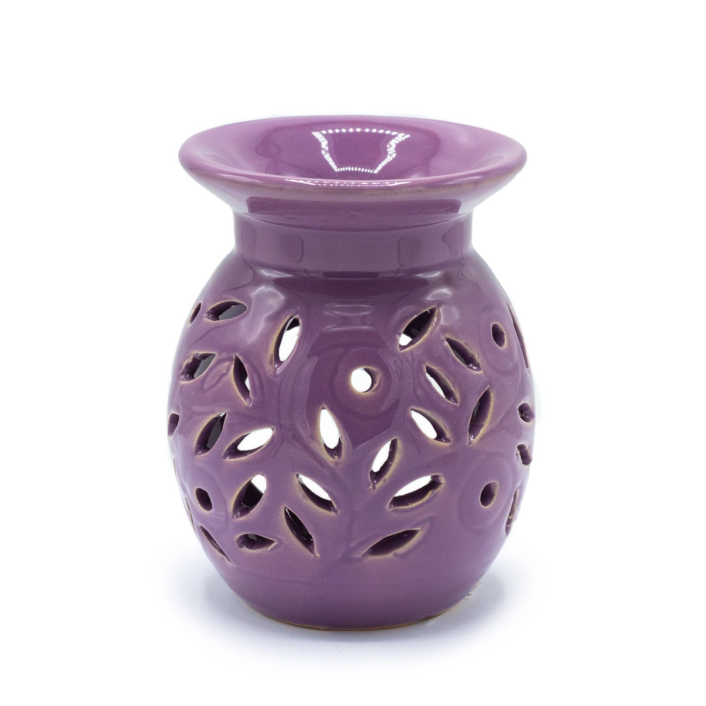 White ceramic oil burner with a delicate cut-out floral lavender design and a tea light candle space.