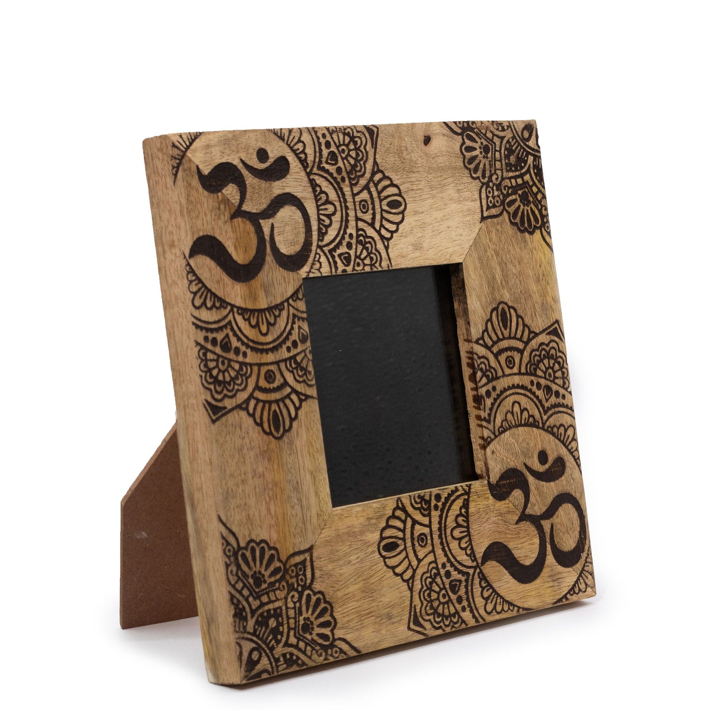 Square black mango wood picture frame with an intricate hand-carved circular mandala pattern and a natural wood finish.