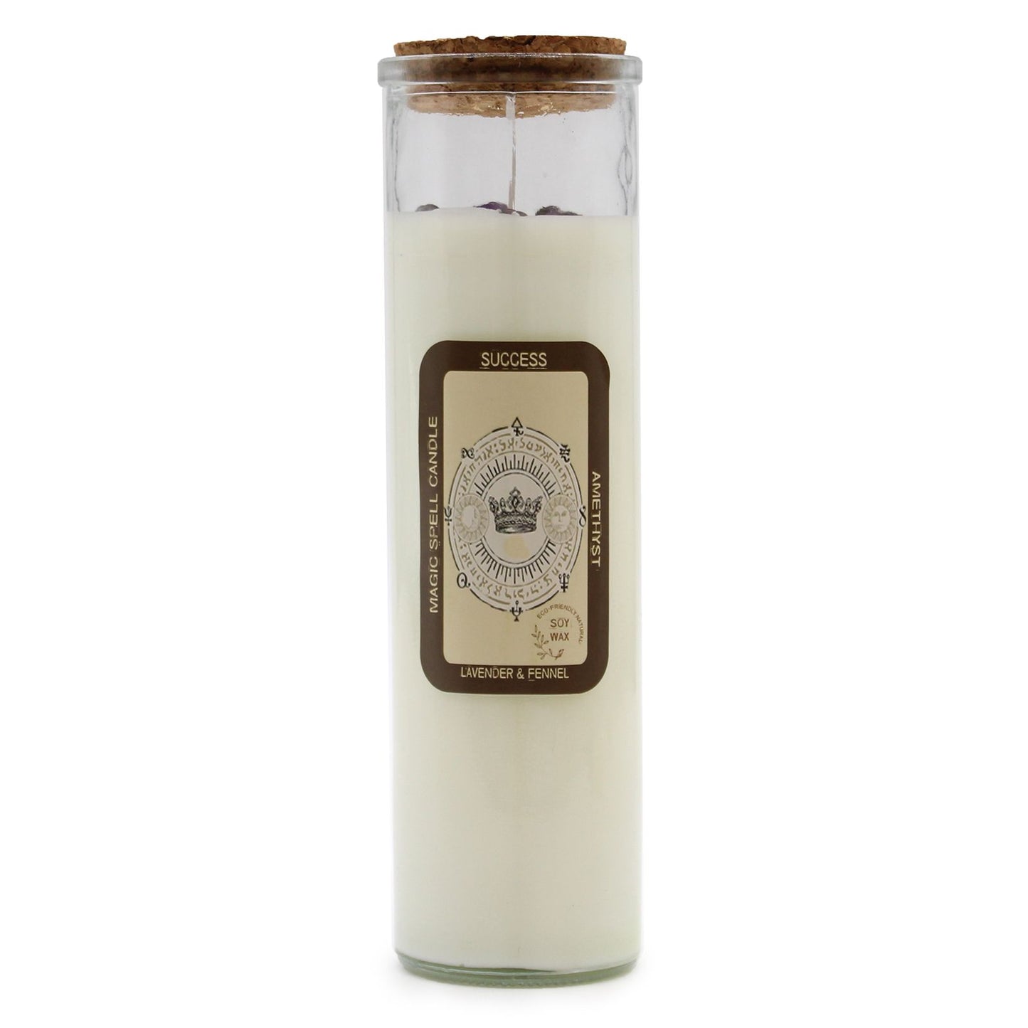 Purple soy wax spell candle topped with genuine amethyst gemstones and dried botanicals in a clear glass jar.