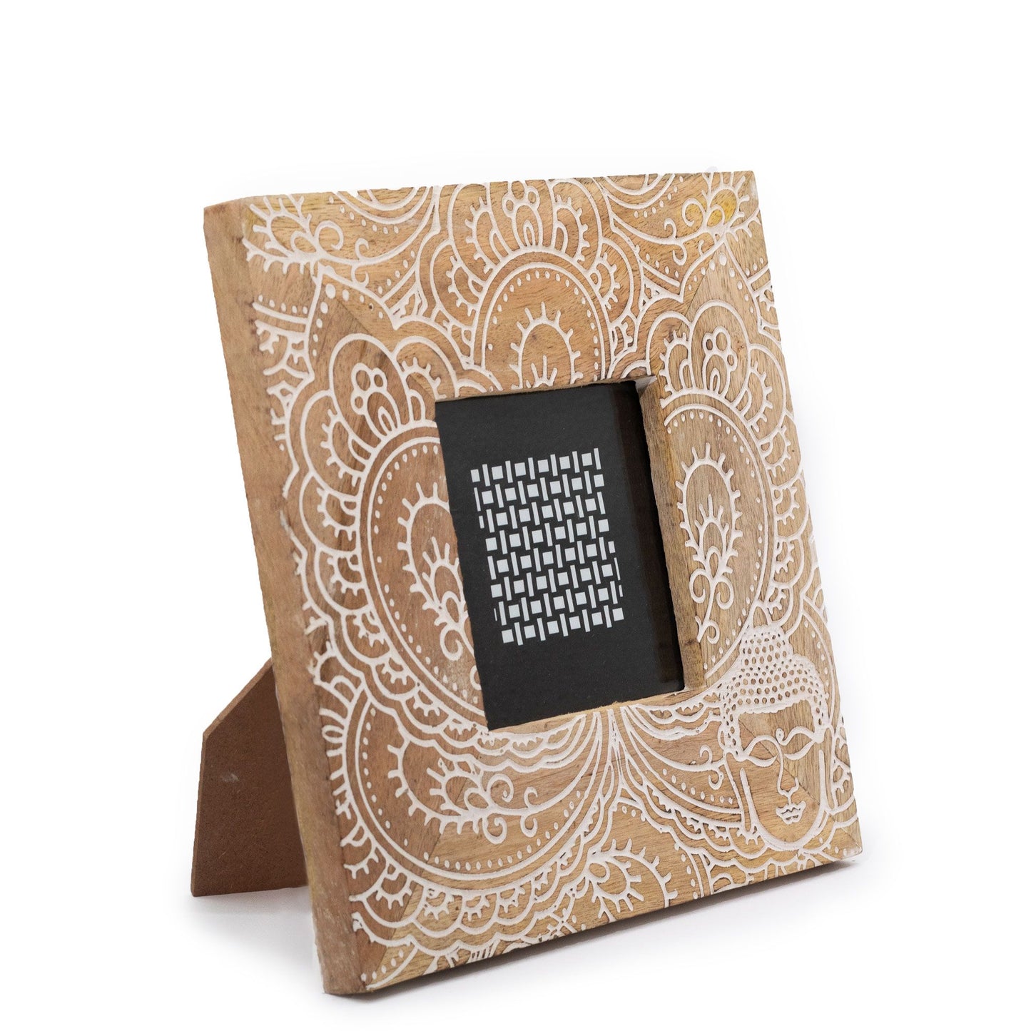 Square white mango wood picture frame with a hand-carved Buddha figure in the corner and a distressed finish.
