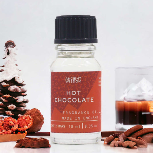 A small 10ml glass bottle of hot chocolate fragrance oil with a dark brown label featuring chocolate imagery.