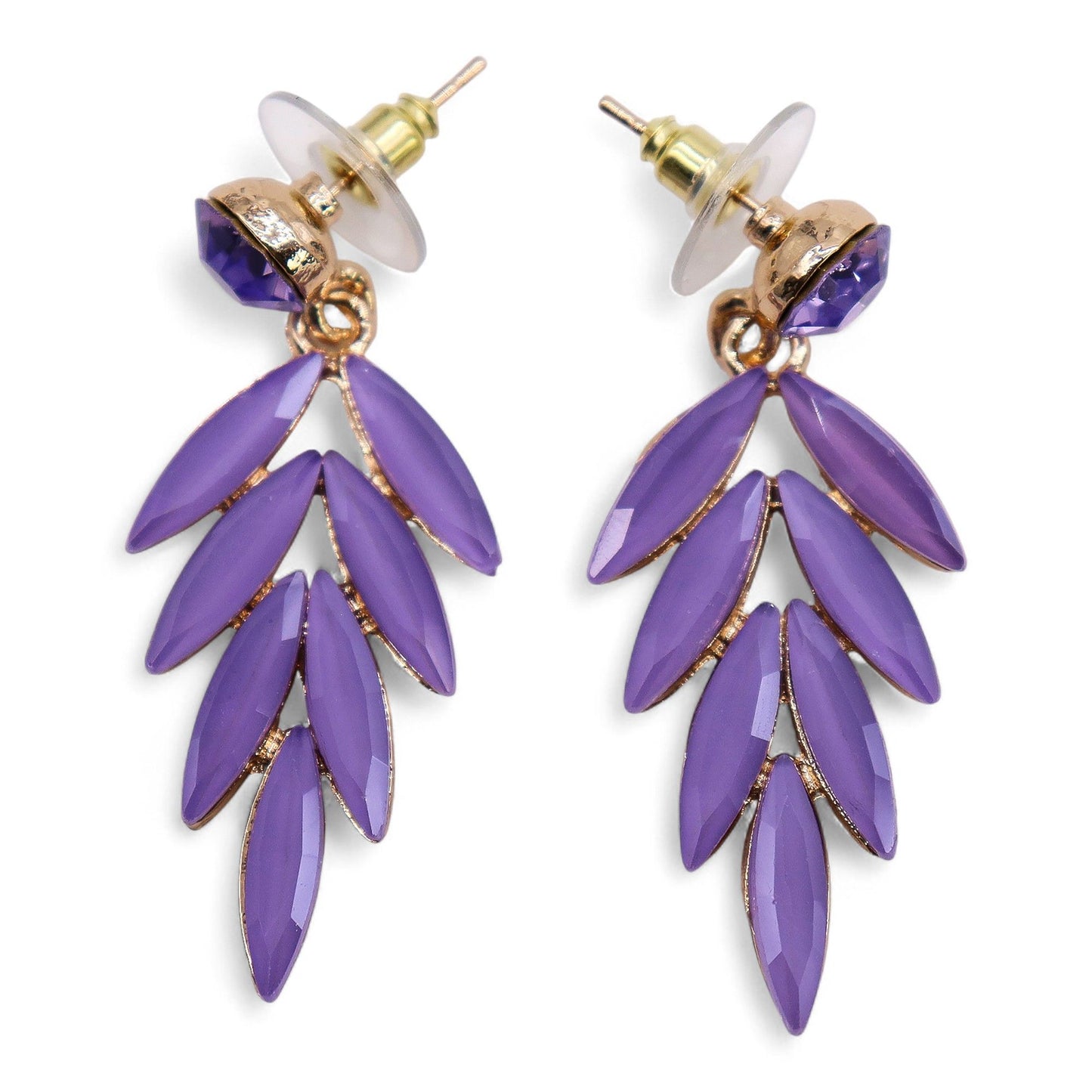Delicate lavender-coloured vintage glass earrings with fairy-inspired design and stainless steel fittings.