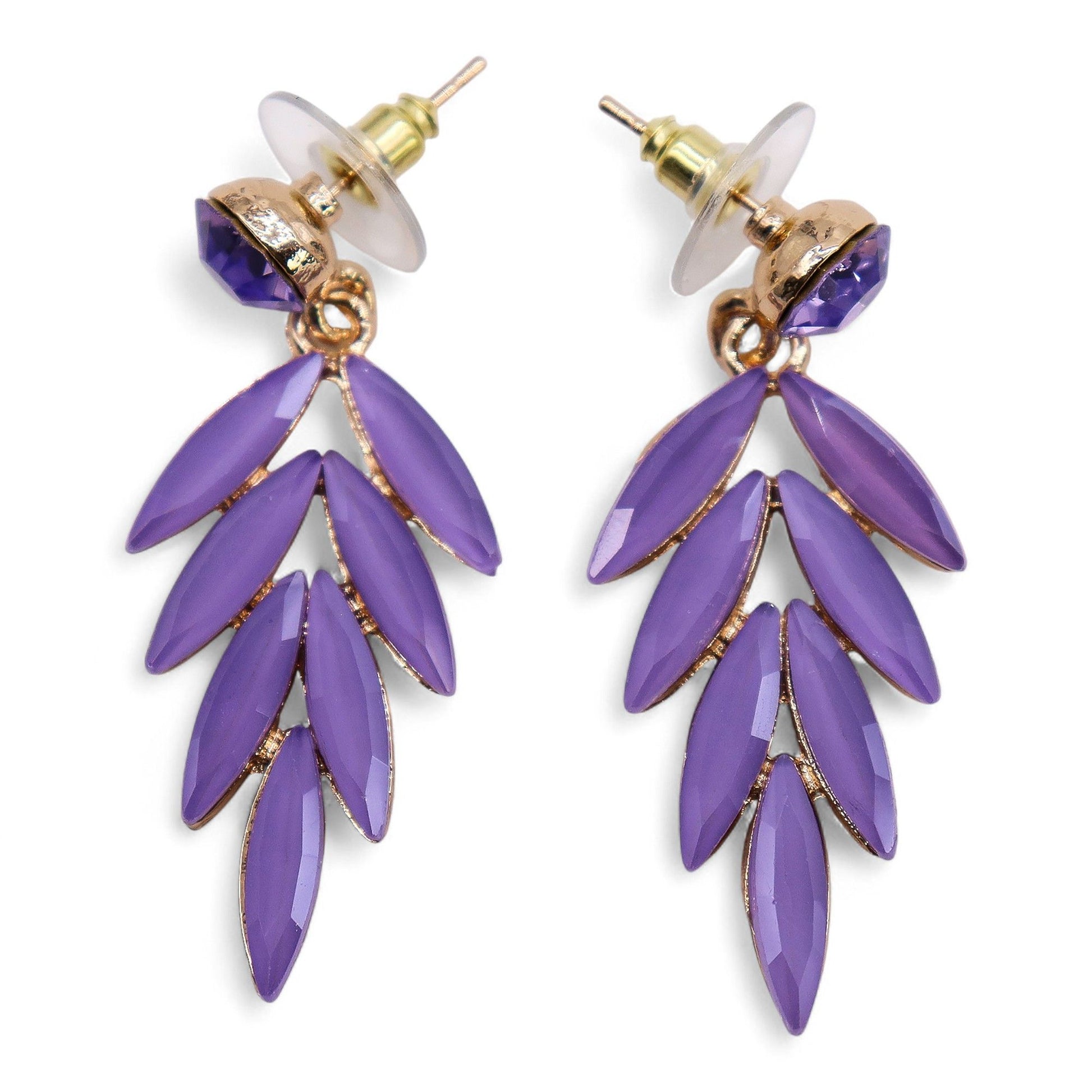 Delicate lavender-coloured vintage glass earrings with fairy-inspired design and stainless steel fittings.