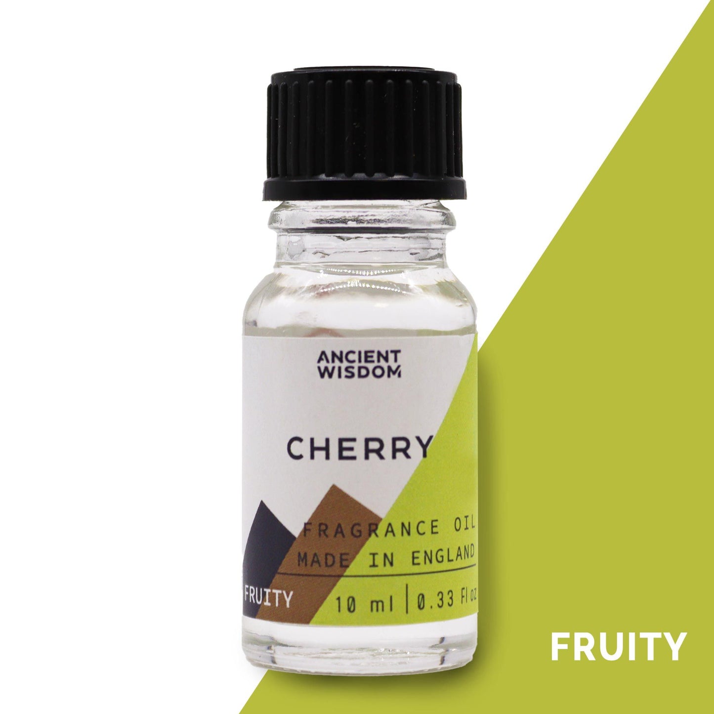 A small amber glass bottle of cherry fragrance oil with a black dropper cap.