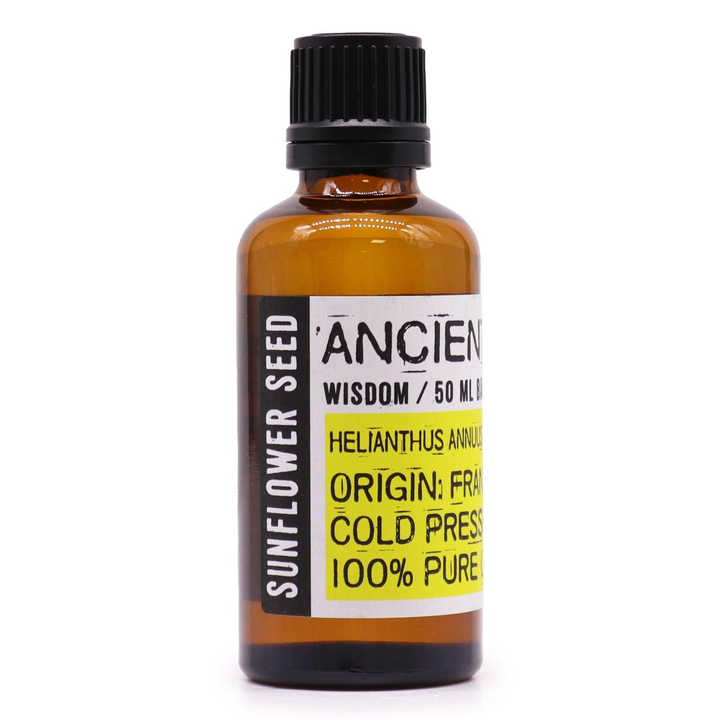 A 50ml amber glass bottle of sunflower carrier oil with a black dropper cap, set against a neutral background.