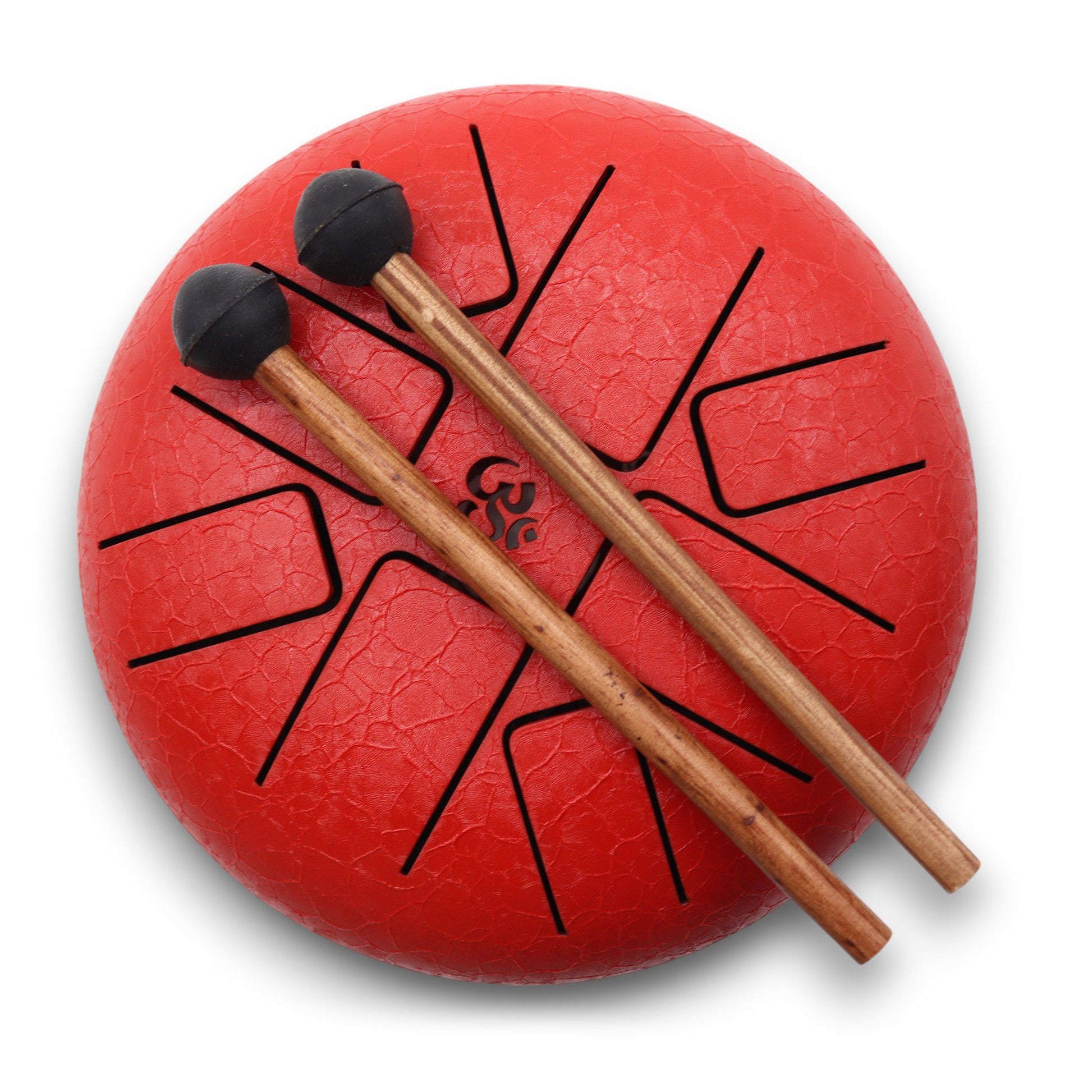 A small circular red steel tongue drum featuring a laser-cut Om symbol on the top surface.