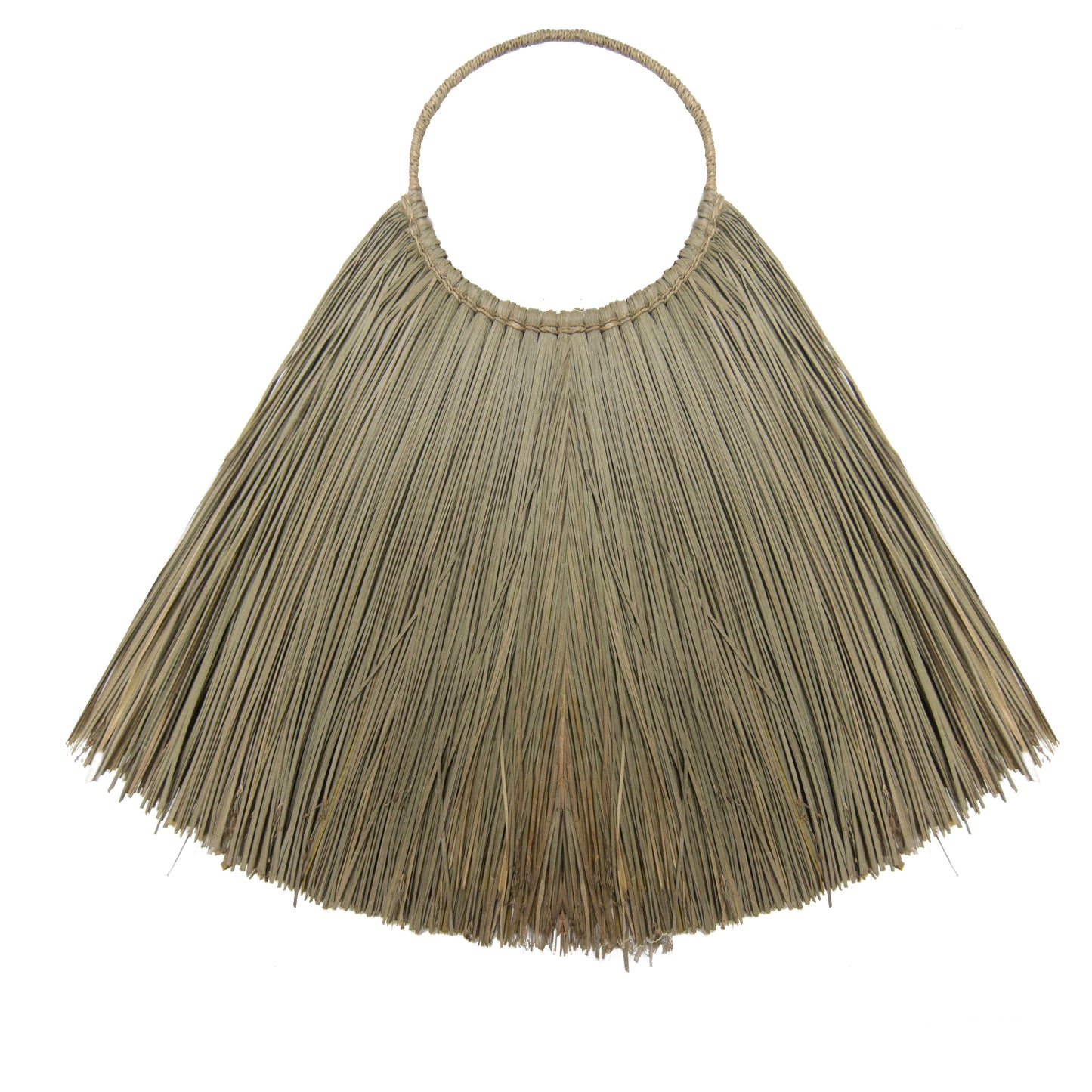 Large fan-shaped wall hanging made from natural woven seagrass with a textured, bohemian aesthetic.