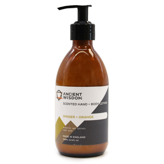Elegant 300ml bottle of ginger and orange scented hand and body lotion with a clean minimalist label.