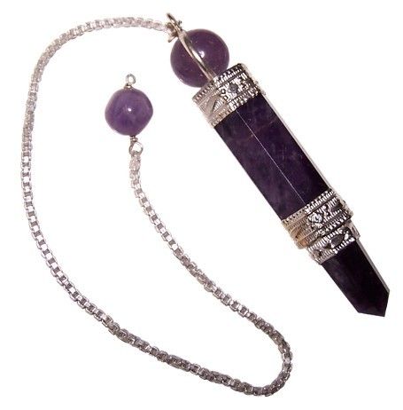 Pointed purple amethyst crystal pendulum suspended from a silver chain with a small amethyst bead at the end.