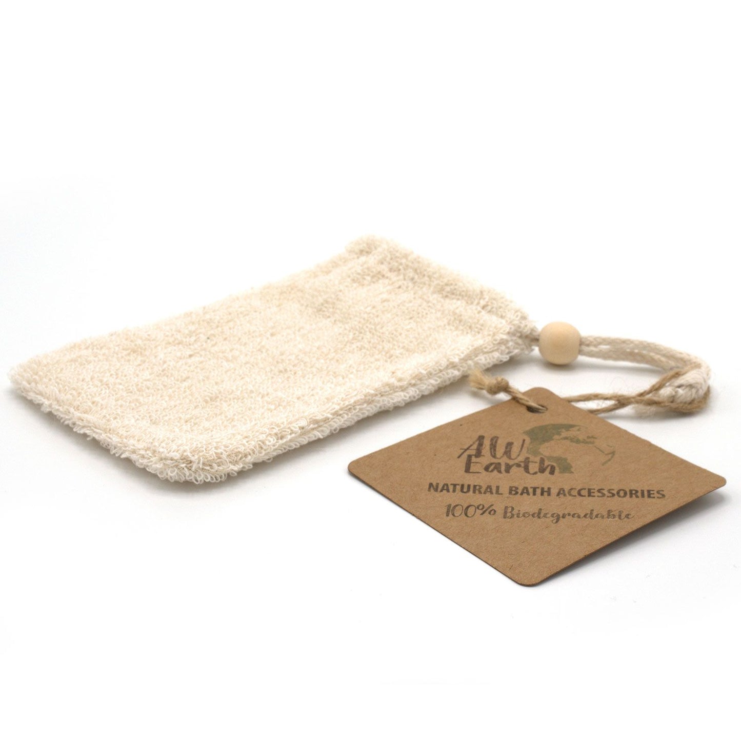 Textured natural rami fibre soap bag with a drawstring closure for exfoliation and soap storage.