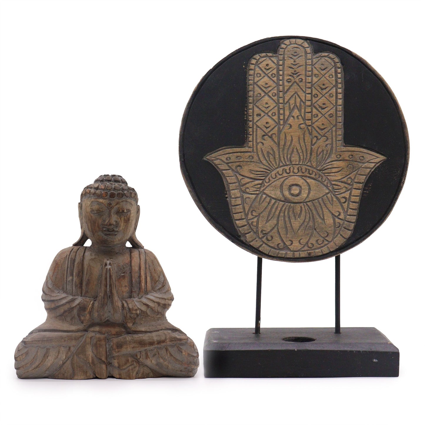 Serene grey Buddha statue and Hamsa hand symbol set for spiritual home decor and positive energy.