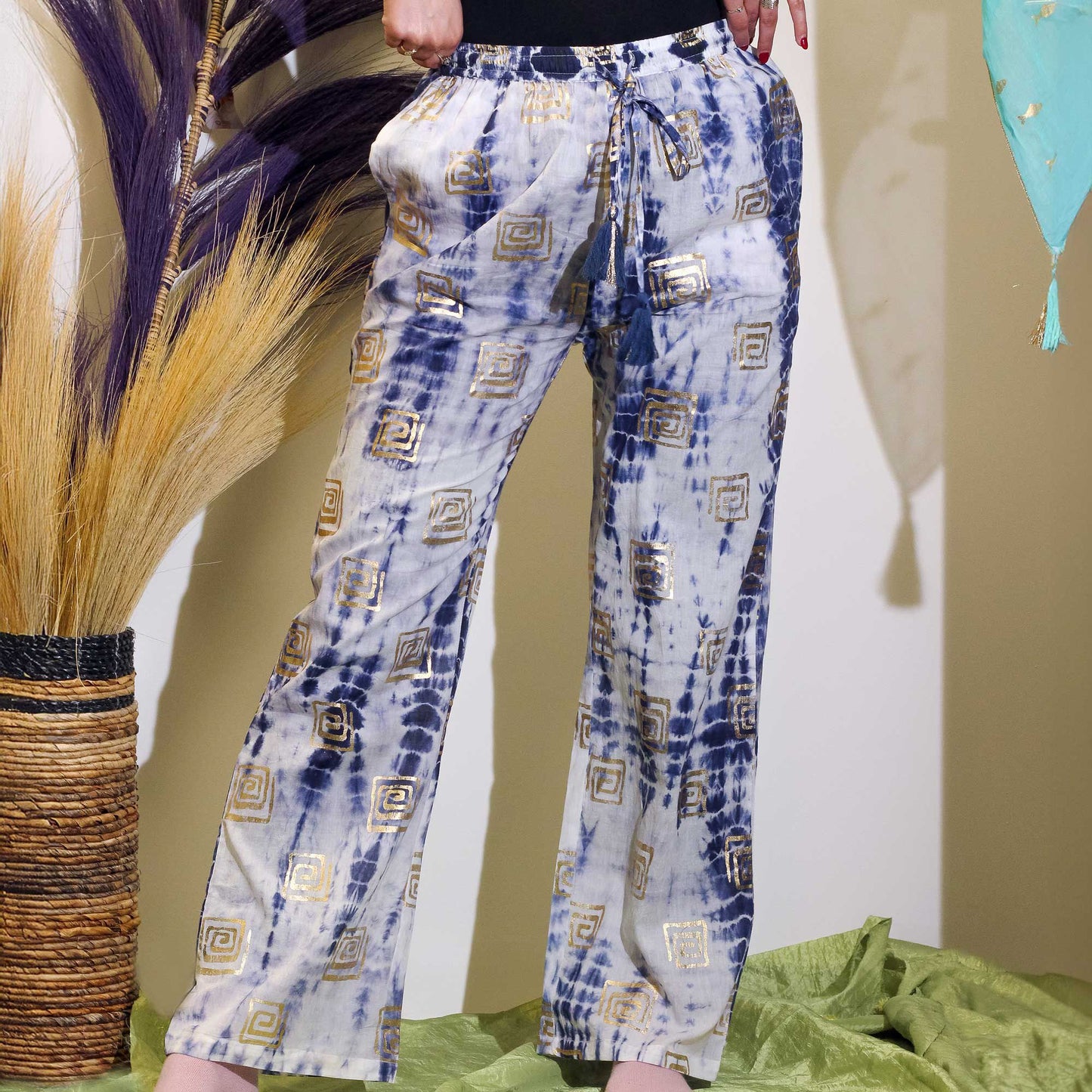 (LXL) Nomad Sari On the Med Collection - Lounge Pants - Gold & Blue Greek Motiff - Handpainted
