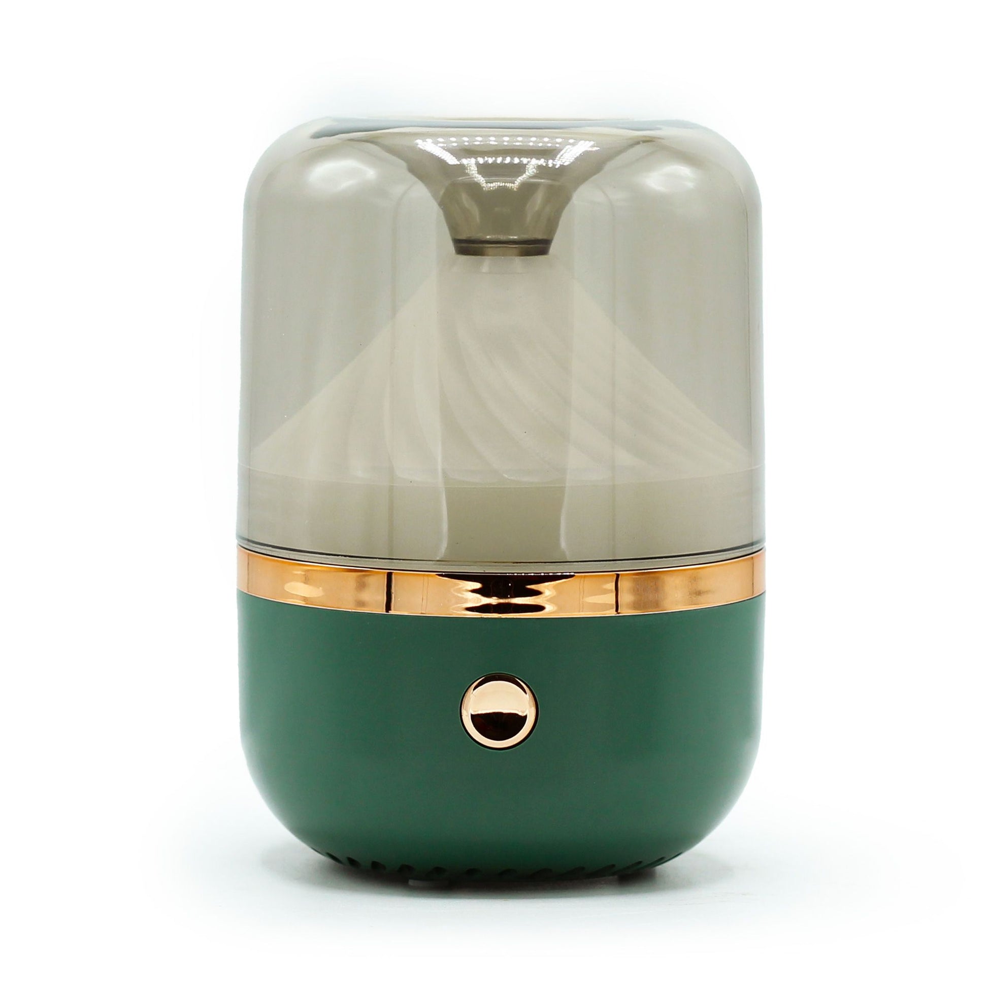 Modern green and bronze ultrasonic aroma diffuser with a cylindrical design and soft glowing light.