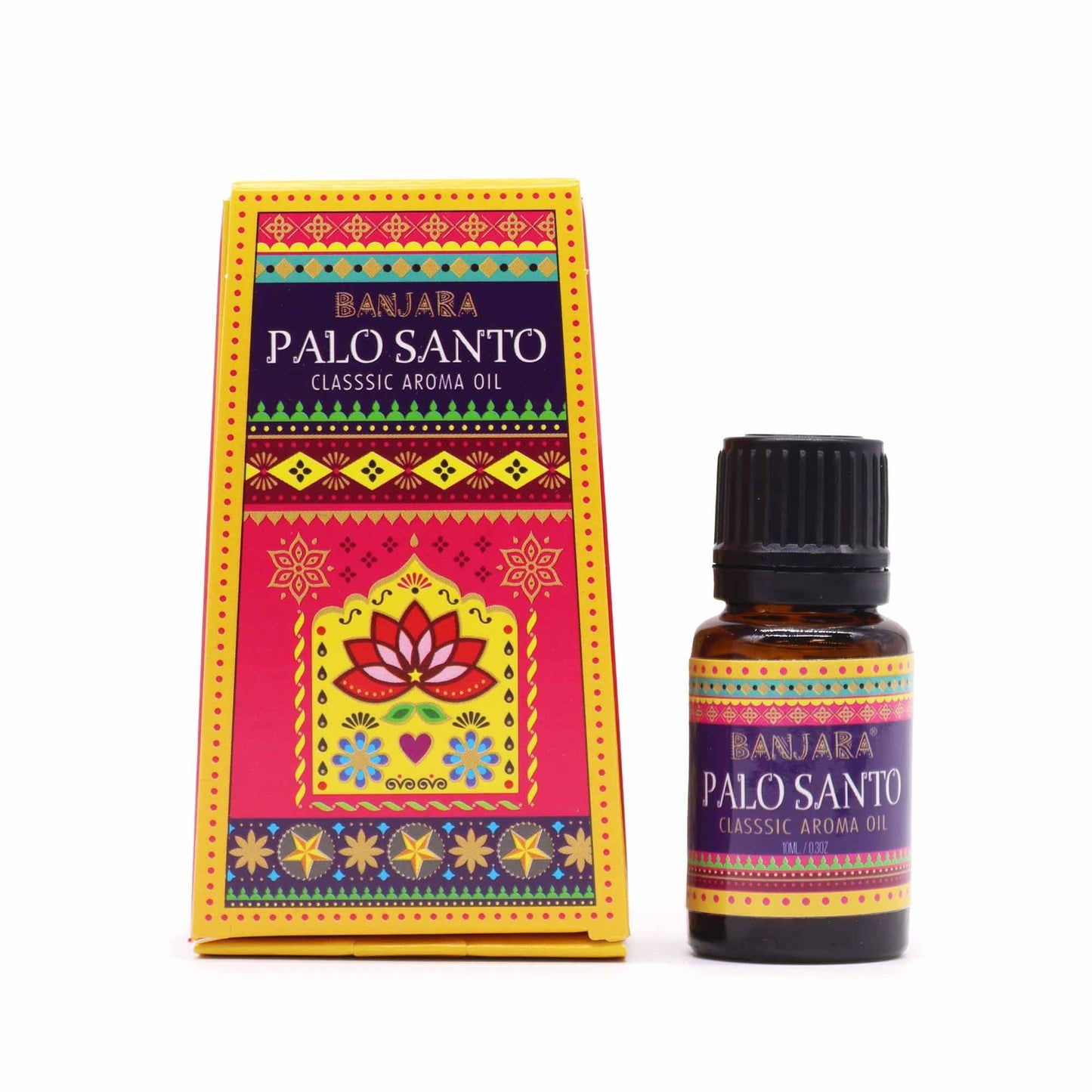 A 10ml amber glass bottle of Palo Santo fragrance oil with a decorative colourful label.