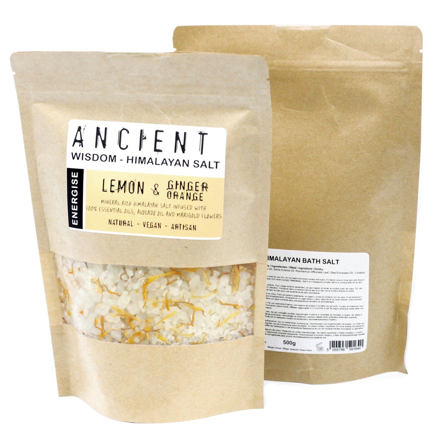 Pink Himalayan bath salts mixed with dried marigold petals in a clear bag.