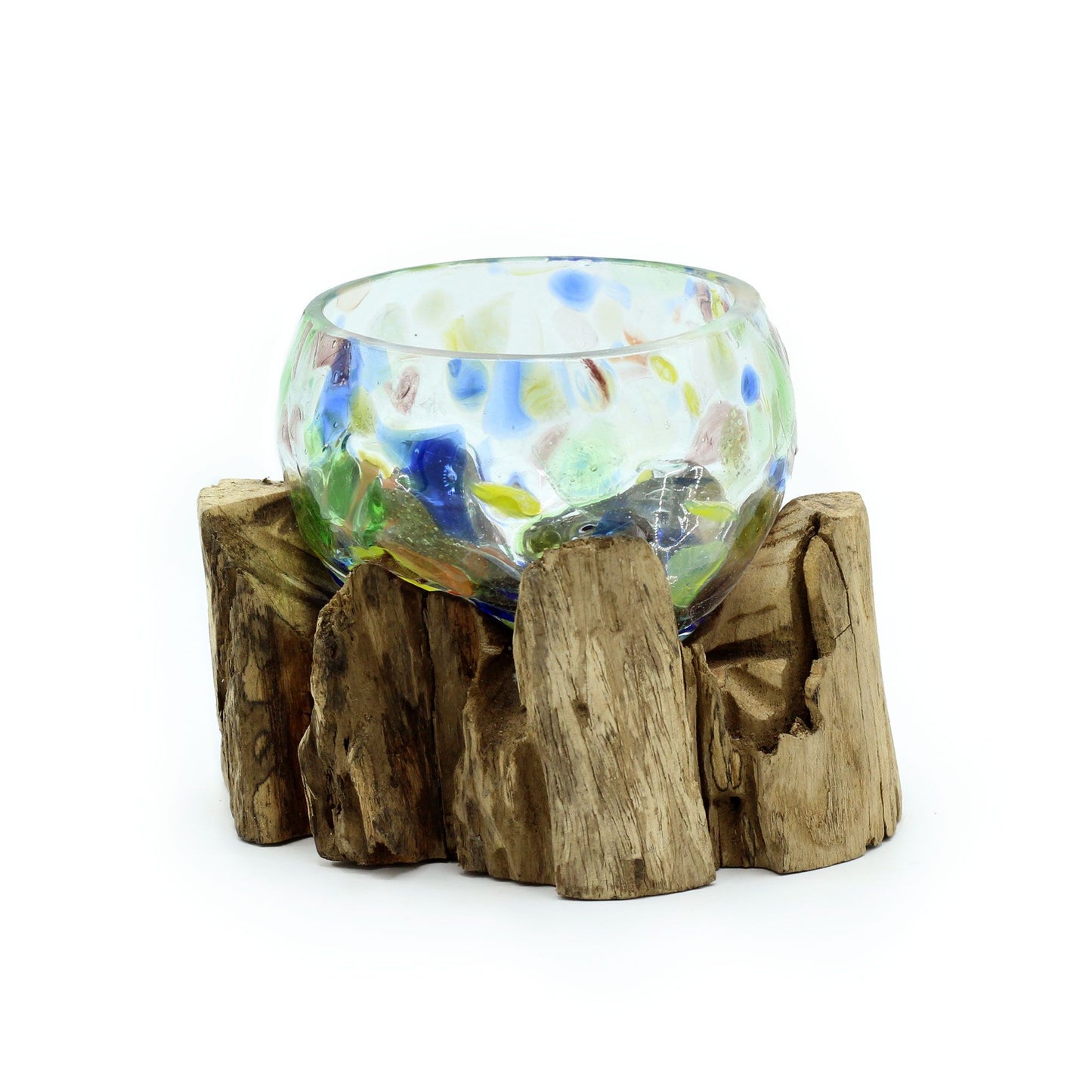 Vibrant hand-blown molten coloured glass bowl shaped perfectly to fit onto a rustic natural wood base.