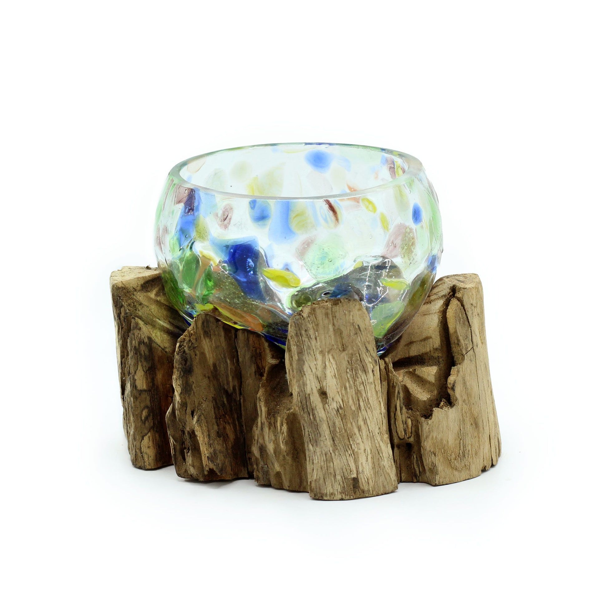 Vibrant hand-blown molten coloured glass bowl shaped perfectly to fit onto a rustic natural wood base.