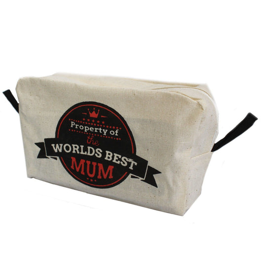 Cream organic cotton toiletry bag with World's Best Mum text, featuring a black zip and front pocket.
