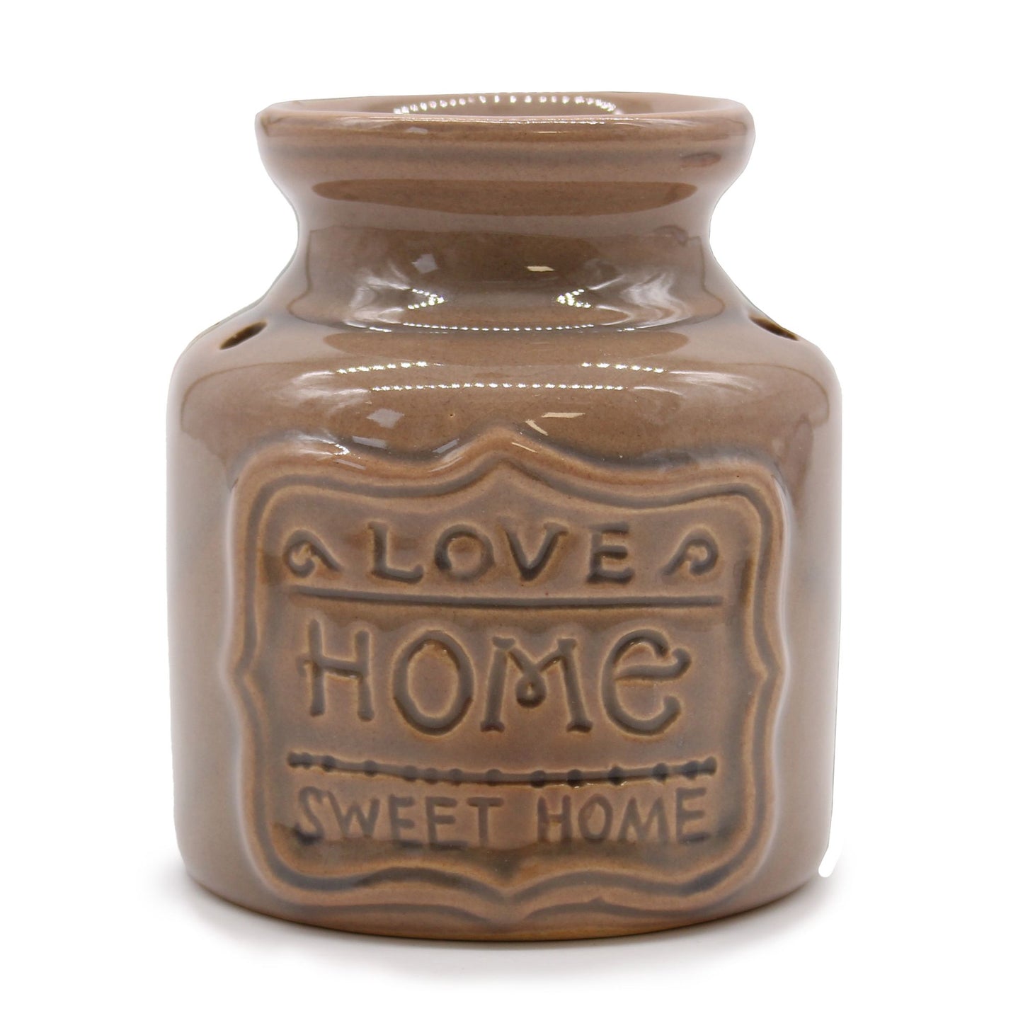 Large colourful ceramic oil burner with decorative cut-out text reading Home Sweet Home and Love.
