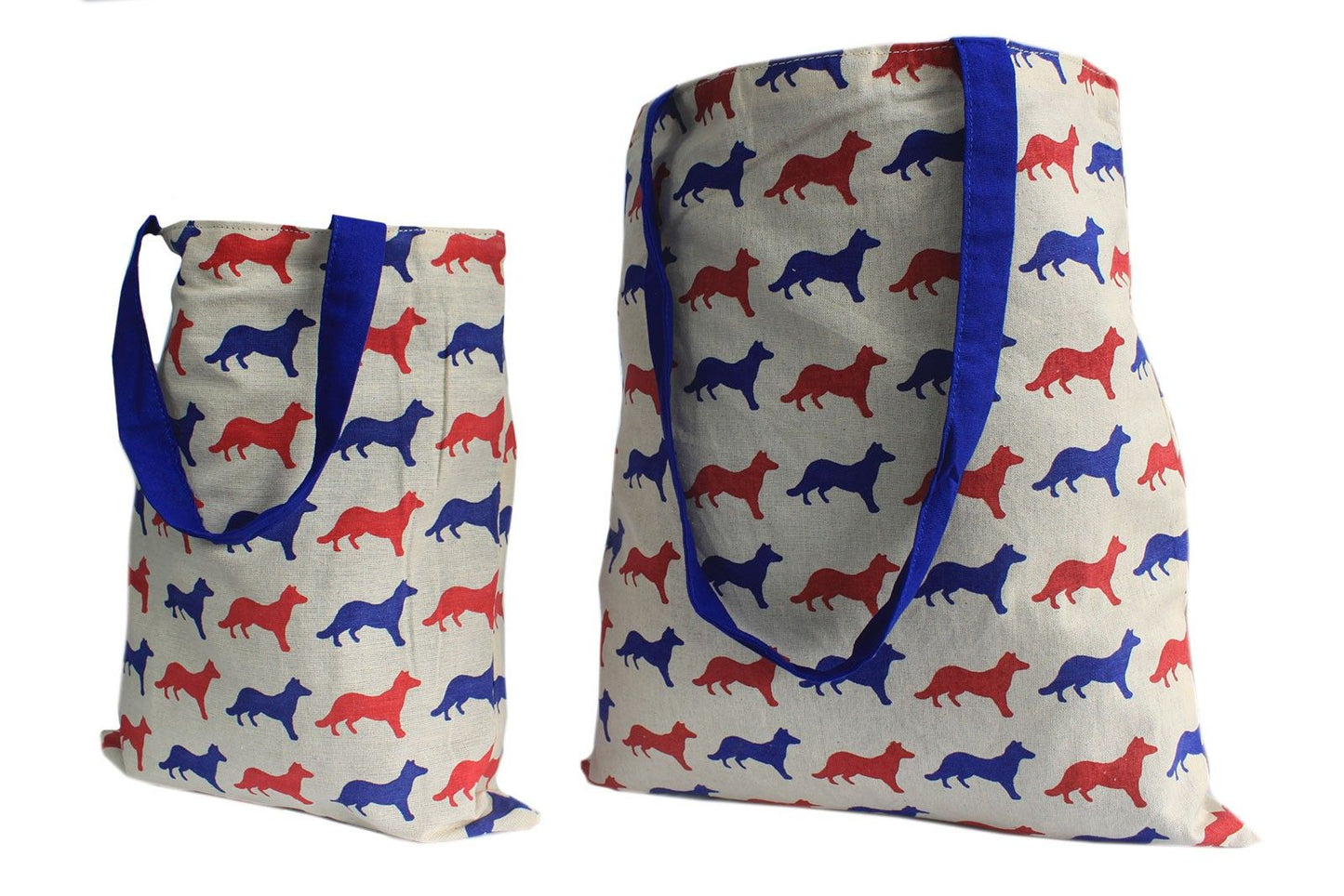 Reversible medium tote bag with a blue fox block print design and comfortable shoulder straps.