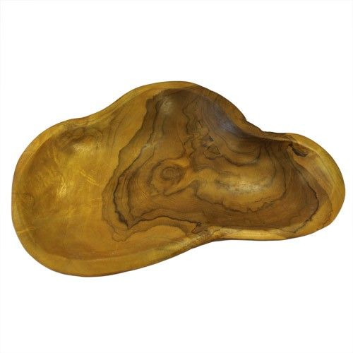 Hand-carved organic teak root bowl with natural wood grain and abstract rustic edges on a neutral background.