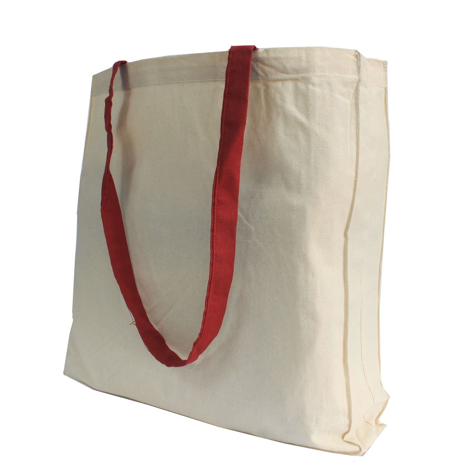 Large natural cotton tote bag with a gusset and long colourful woven handles.