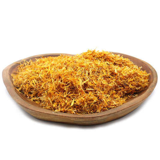 A large bulk bag of vibrant, natural dried orange and yellow marigold petals for crafts and decoration.
