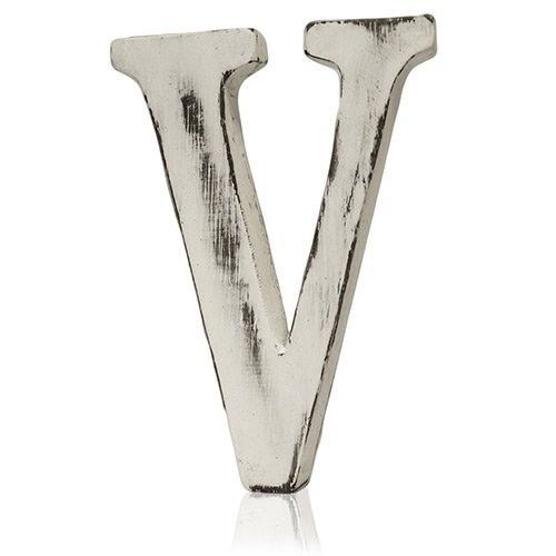 Handmade 15cm white-wash mango wood alphabet letter V with a rustic shabby chic finish.