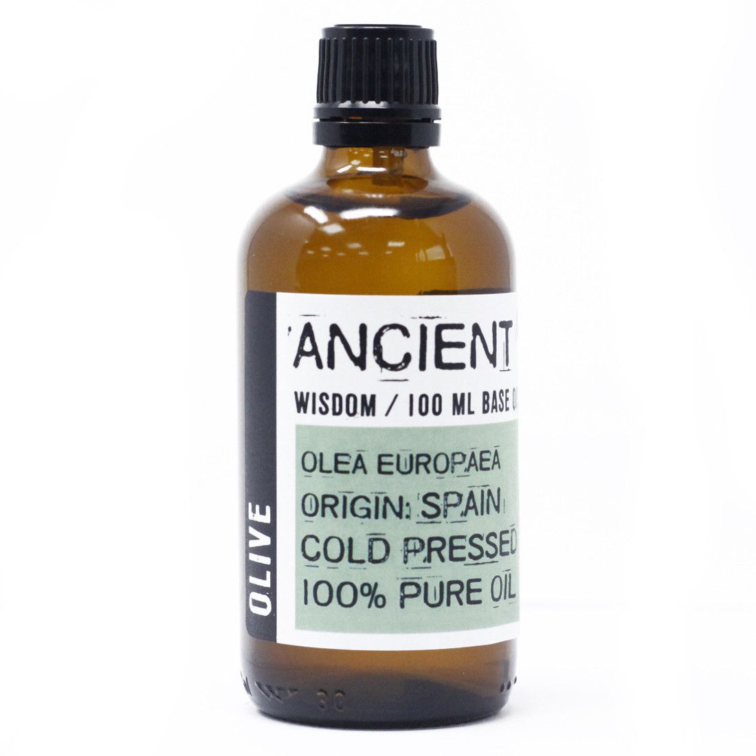 Clear glass bottle containing 100ml of golden olive oil with a simple white label on a plain background.