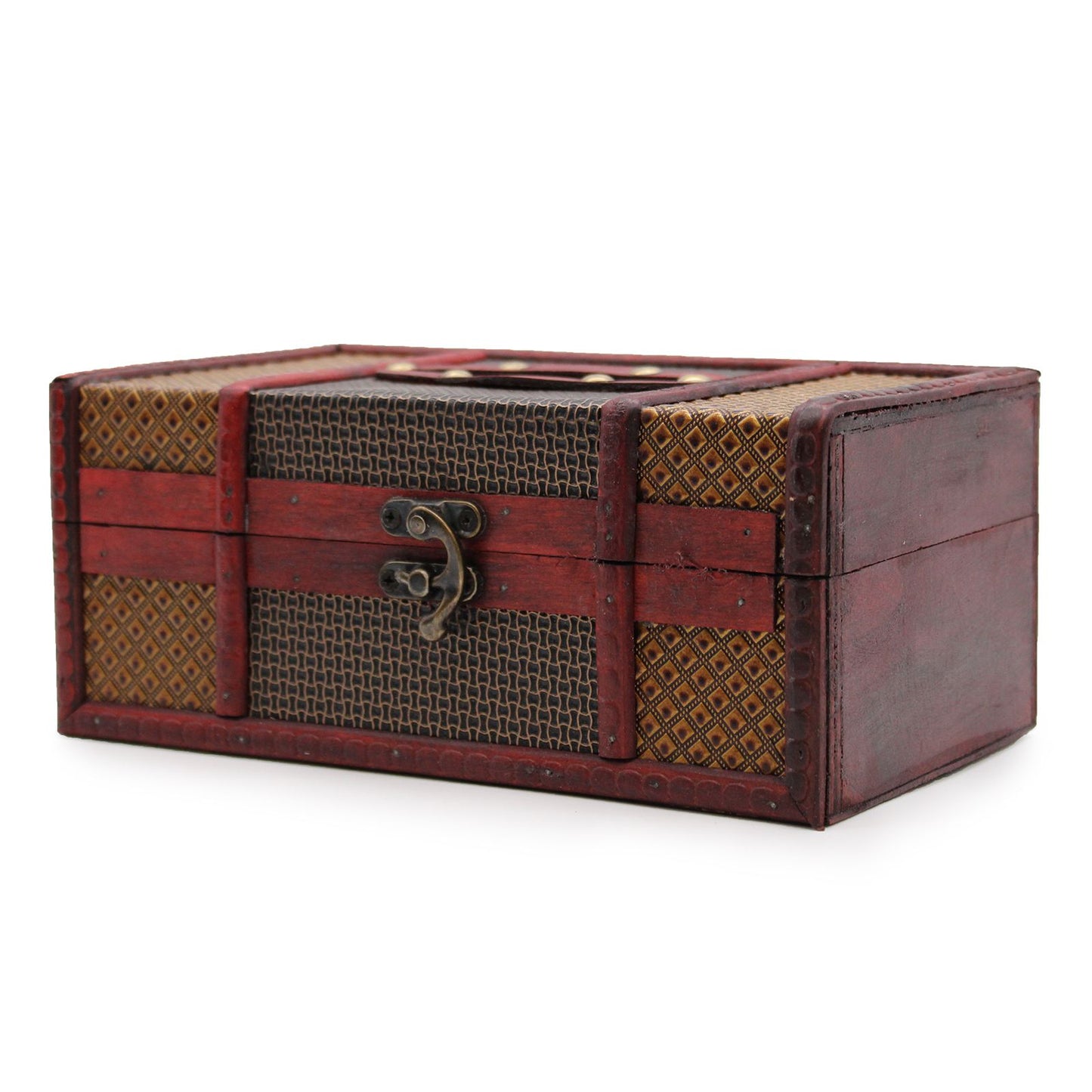 Large vintage-style wooden tissue box shaped like an antique trunk with decorative brass fittings and a rustic finish.