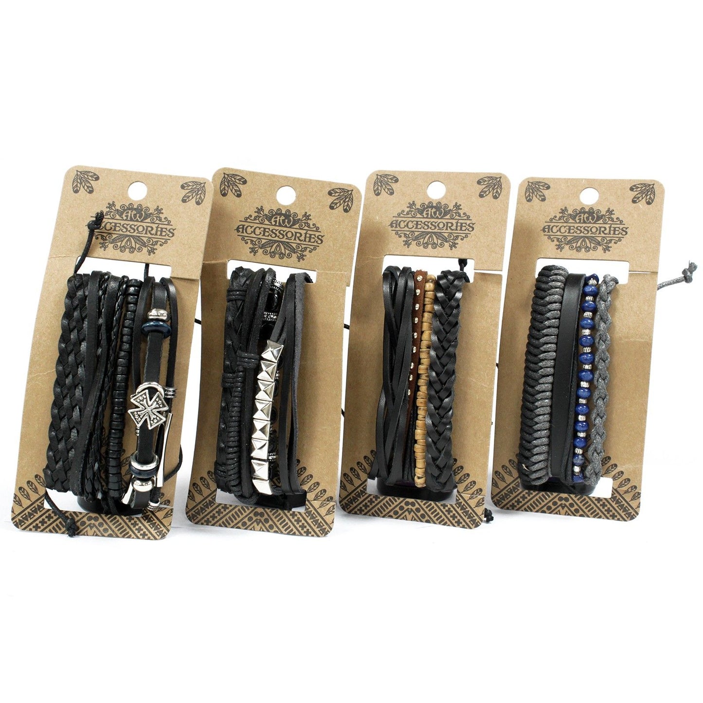 Set of men's black leather bracelets featuring various metal charms and adjustable cord fasteners on a plain background.