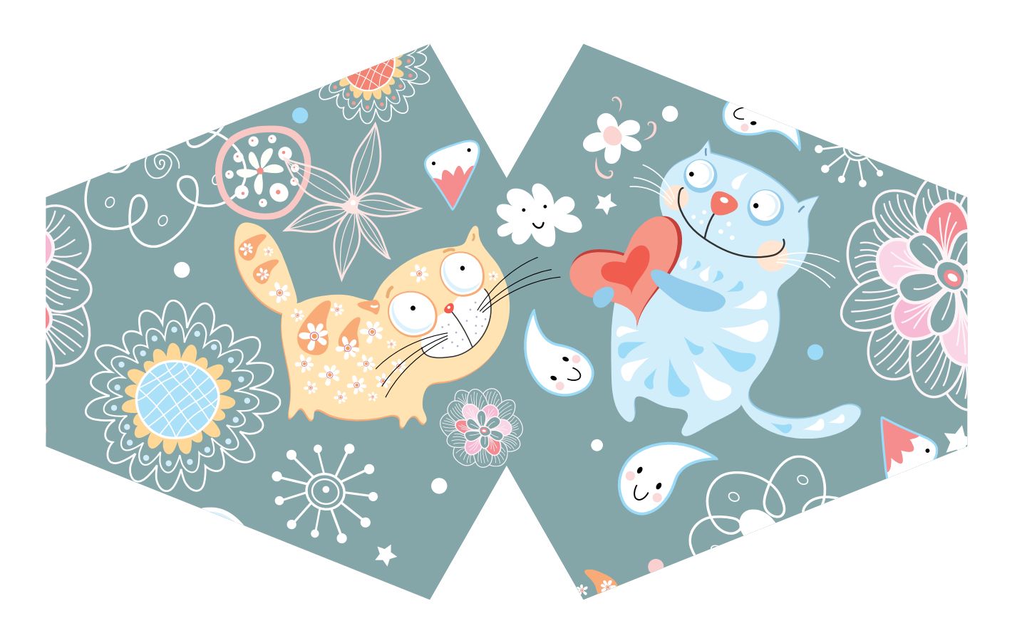Children's reusable fabric face mask featuring a colourful pattern of happy cartoon cats on a breathable fabric.