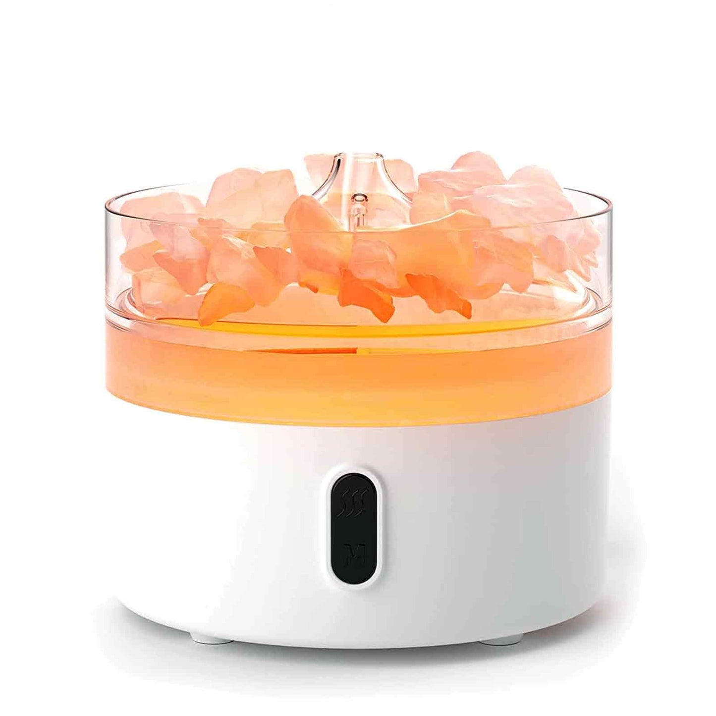 Elegant black aroma diffuser with glowing orange flame effect and natural Himalayan salt chunks in the base.