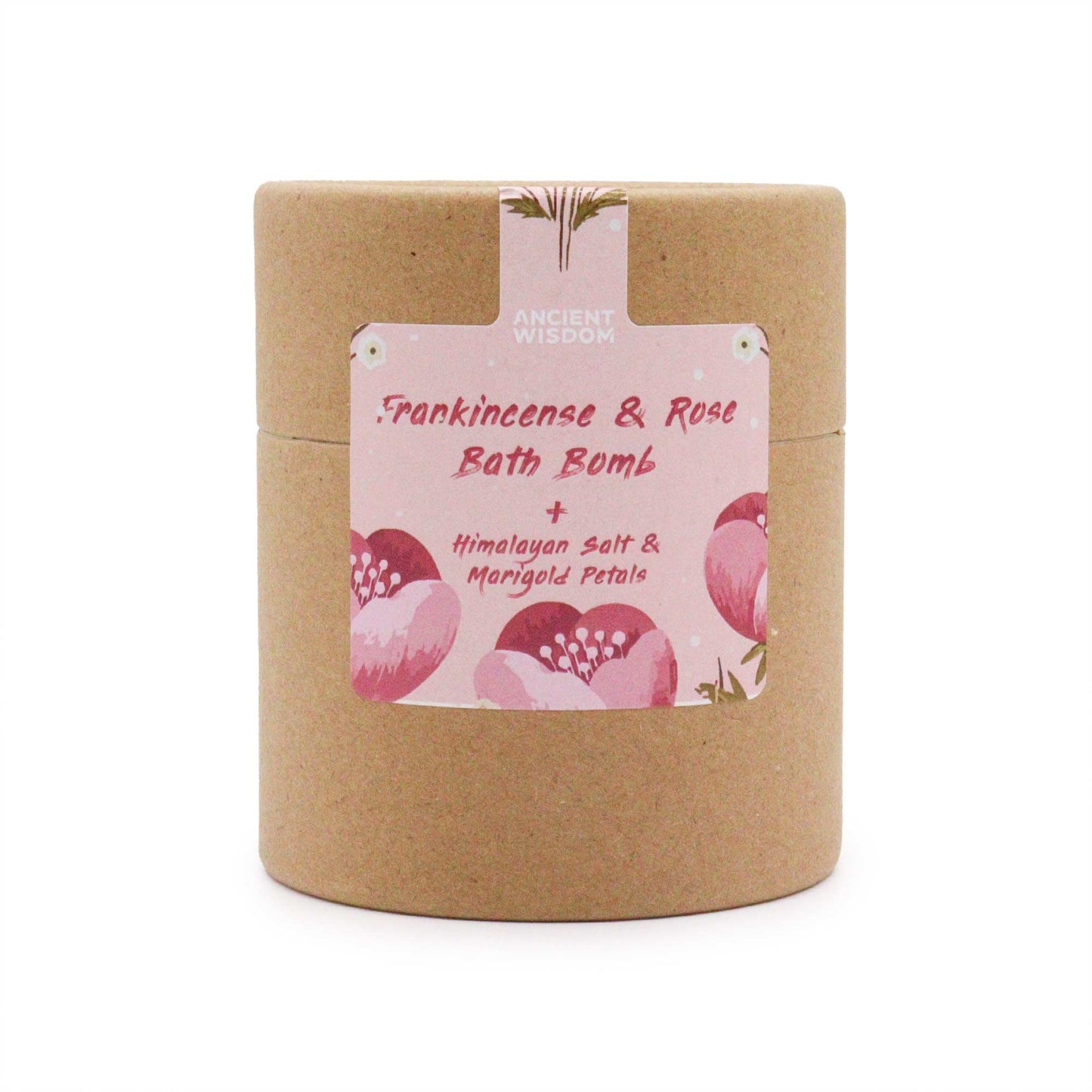 Aromatherapy bath gift set featuring a pink rose bath bomb, Himalayan salt crystals, and dried marigold petals.