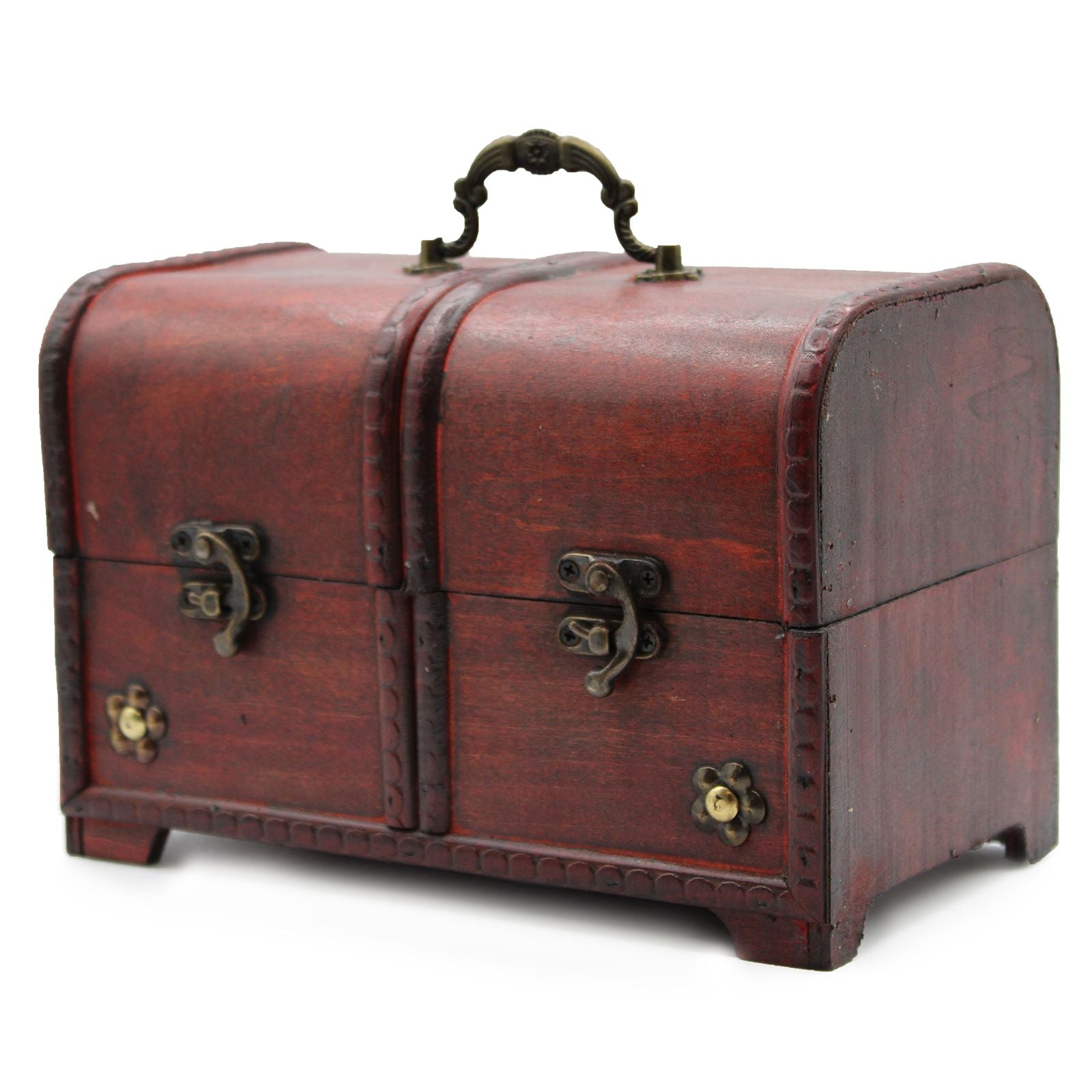 Set of three nesting vintage-style wooden chests with ornate brass fittings and a weathered antique finish.