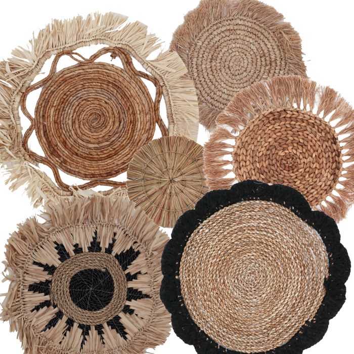 Six rectangular natural wall art pieces with organic textures and earthy tones arranged in a stylish gallery set.