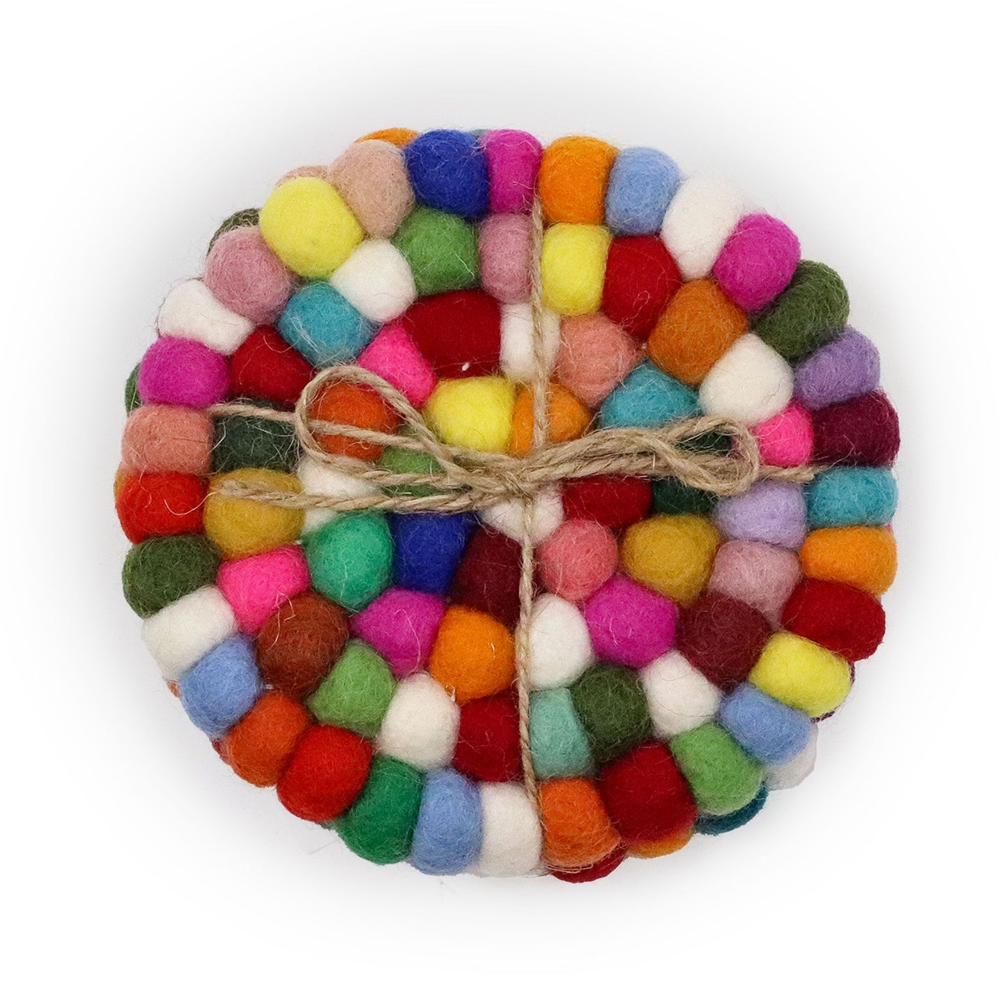 Four circular coasters made from small, colourful felt balls arranged in a textured round pattern.