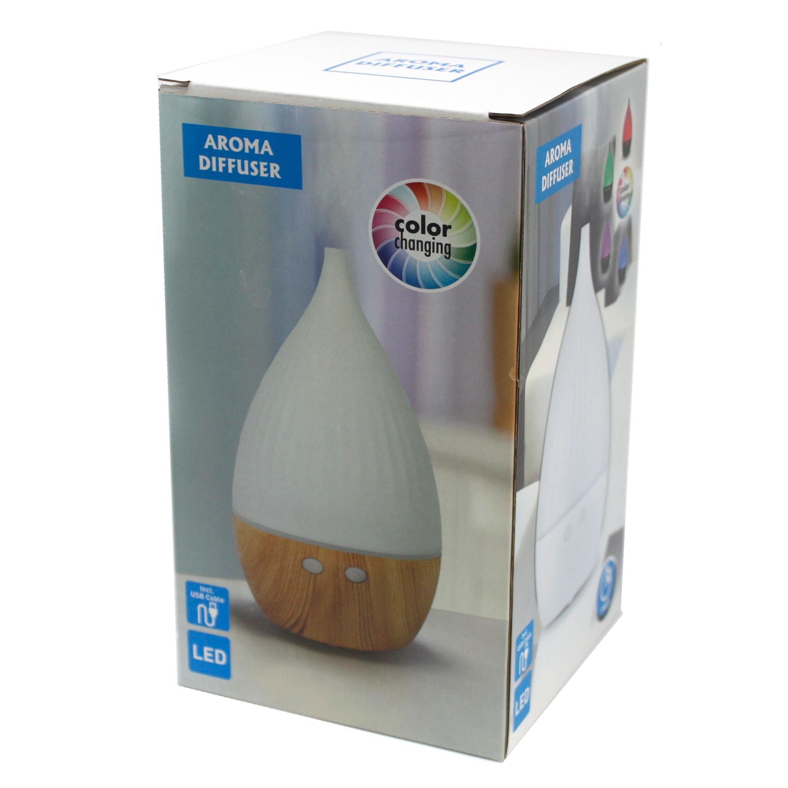 Sleek white ultrasonic aroma atomiser with a tall cylindrical design and glowing LED light ring.