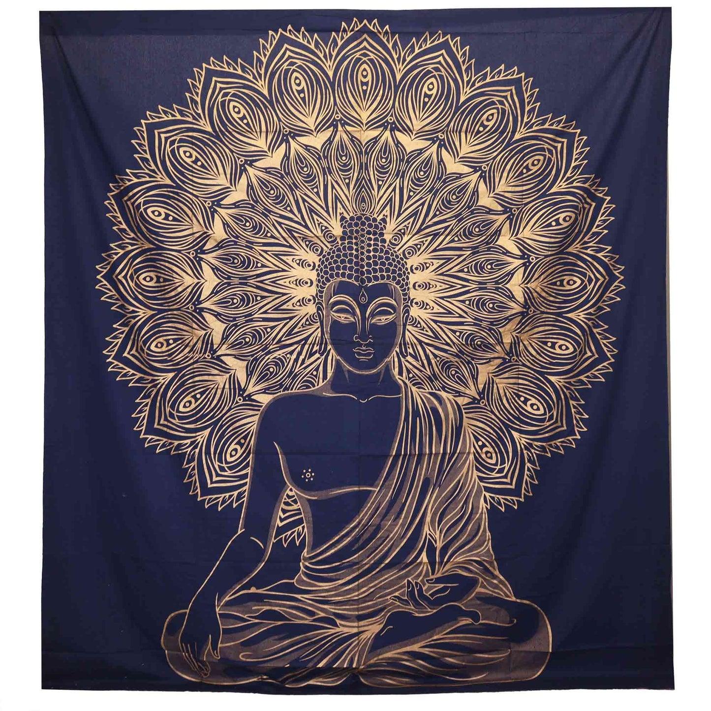 Intricate blue and gold double cotton bedspread featuring a central Buddha motif and decorative patterns.